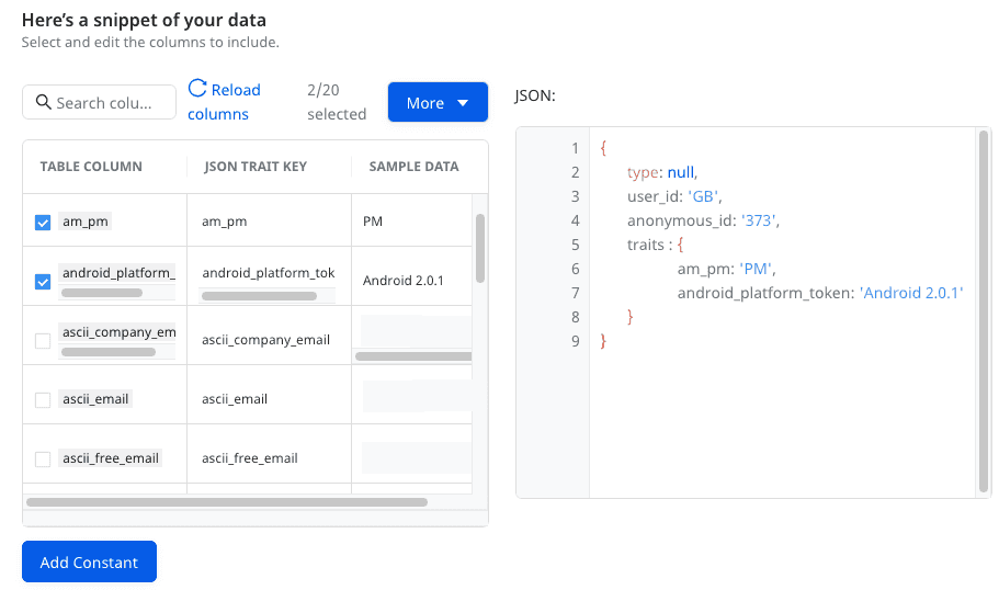 Schema tab options in RudderStack